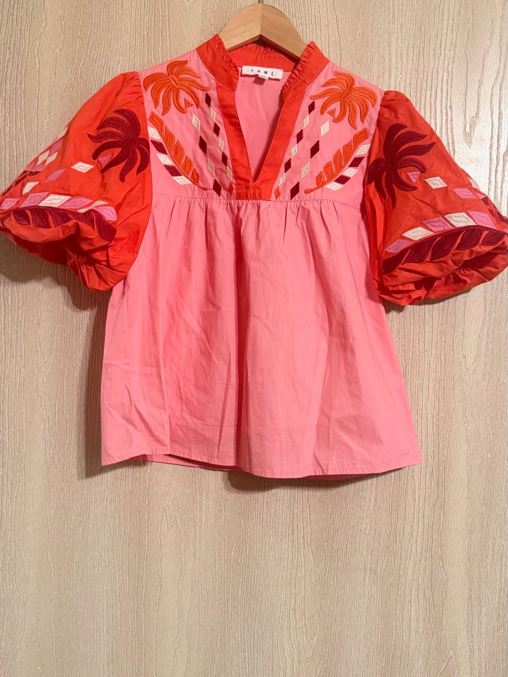 THML Pink and Red Embroidered Puff Sleeve Blouse